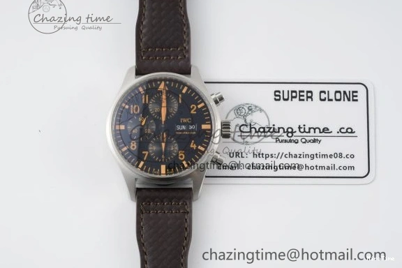 MIROTIME 0118 Pilot Chrono SS AZF 1:1 Best Edition Black Dial Orange Markers on Brown Leather Strap A EasyCare 7065